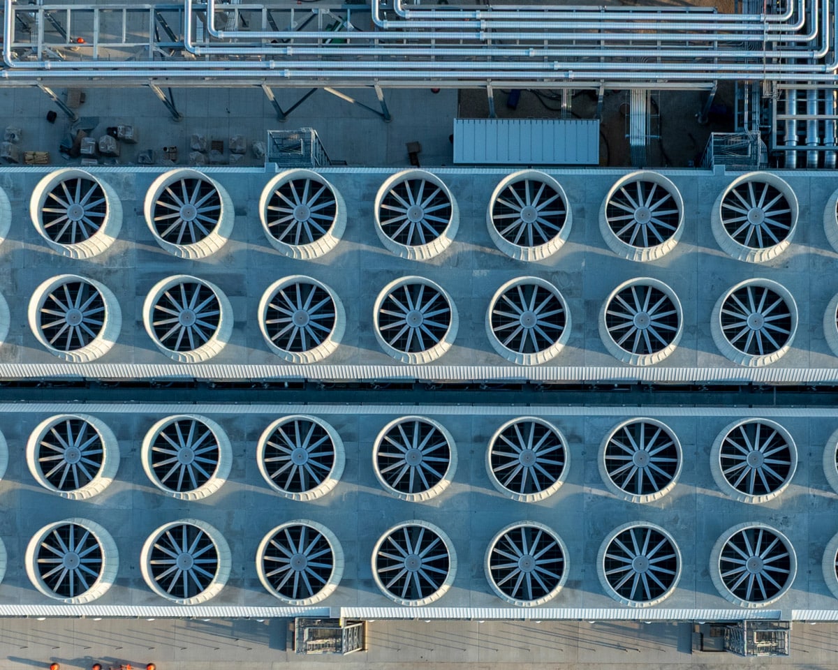 row of cooling fans at a data center